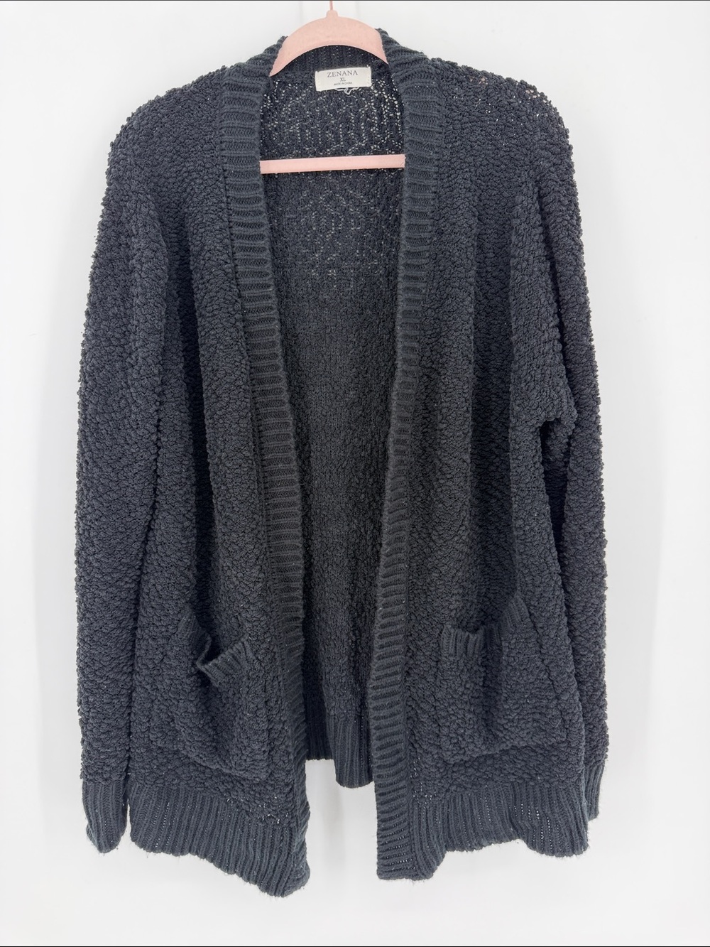 Zenana Black Popcorn Knit Open Front Cardigan Sweater Size XL
